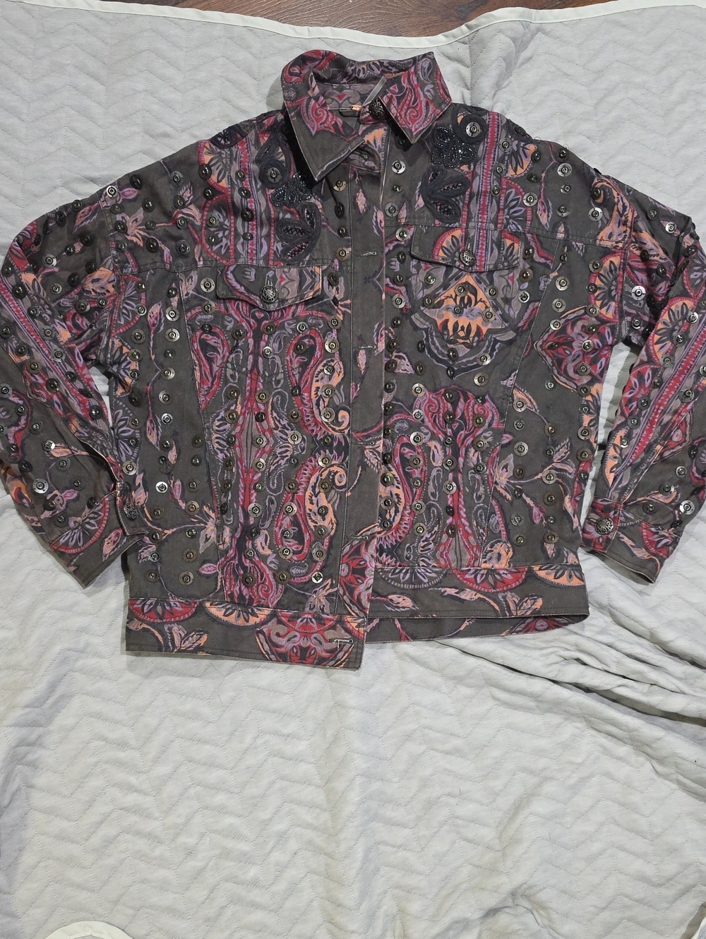 Free People Olive Paisley Studded Button-Down Jacket with Pink Accents